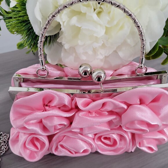 Prom / Wedding Pink Satin Roses Party Clutch Purse w/Rhinestone Handle & Chain - Picture 7 of 11